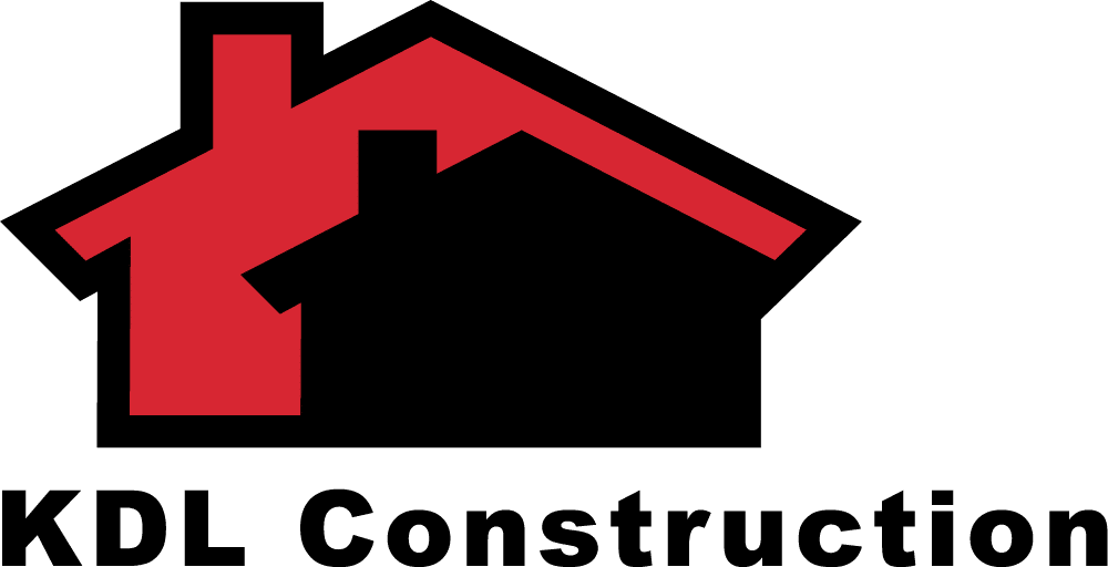 Logo of KDL Construction featuring a stylized red roof on a black outline of a house, with the text "KDL Construction" in bold black letters below.